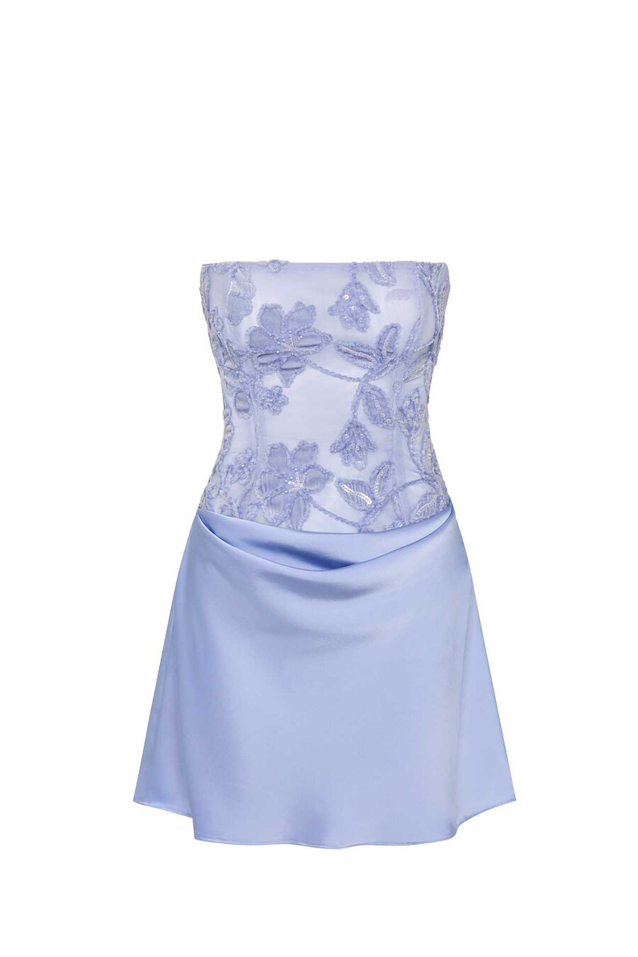 vestido curto evasê sem alças com drapeado e detalhes bordados na cor azul celeste.