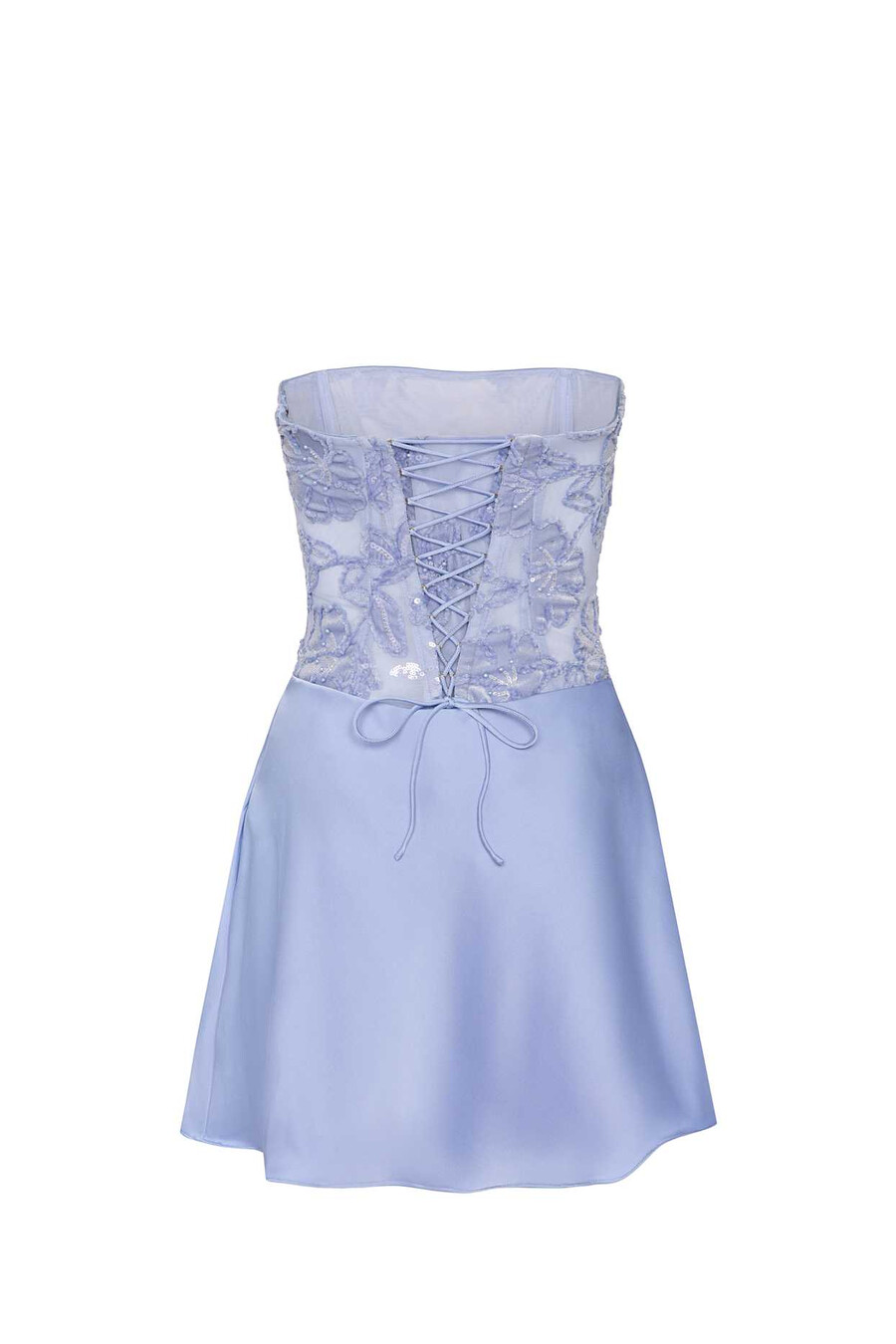 vestido curto evasê sem alças com drapeado e detalhes bordados na cor azul celeste.