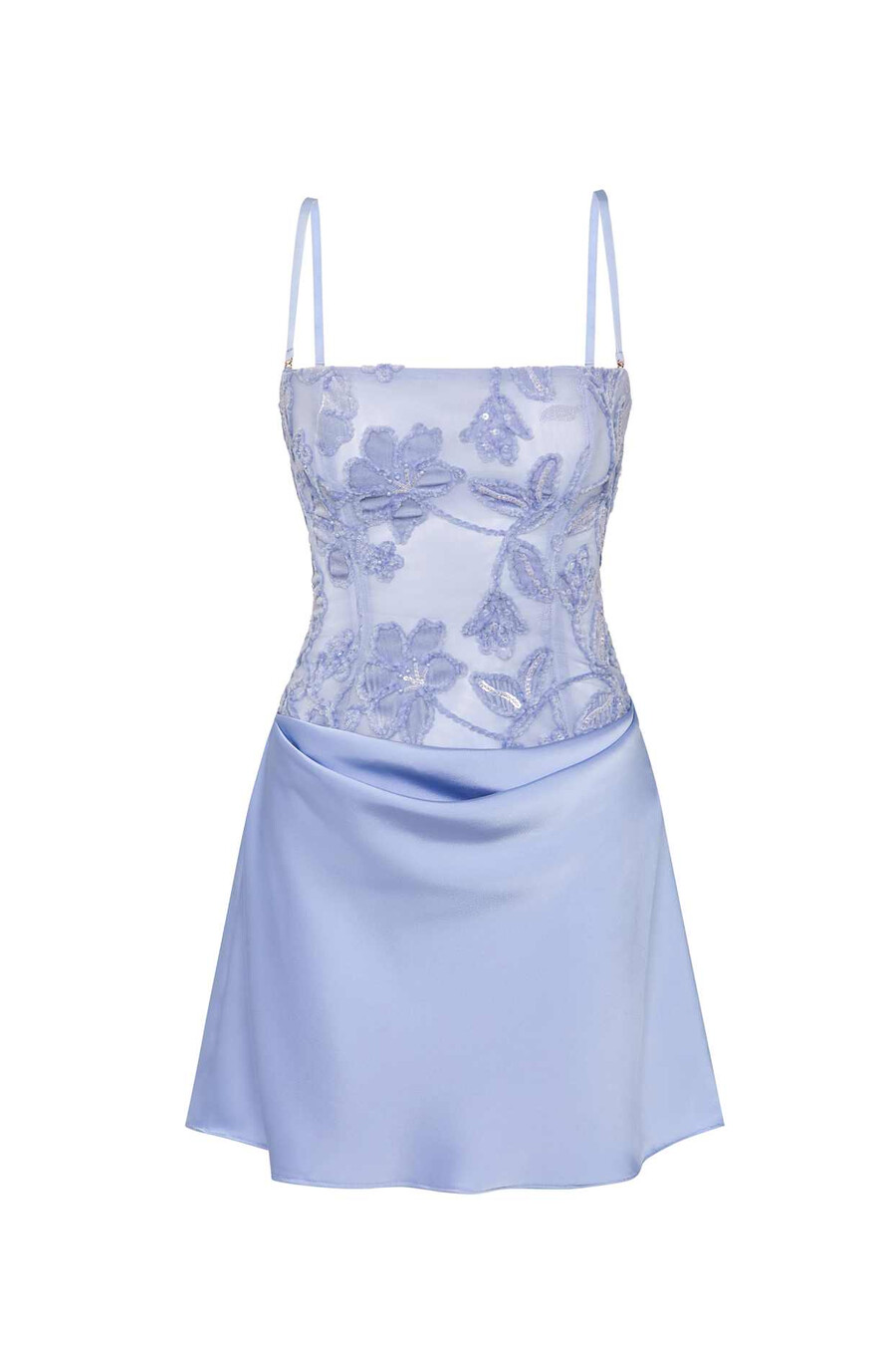 vestido curto evasê sem alças com drapeado e detalhes bordados na cor azul celeste.