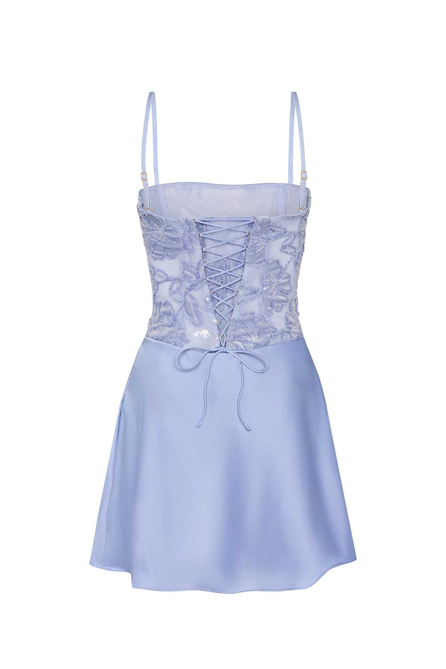 vestido curto evasê sem alças com drapeado e detalhes bordados na cor azul celeste.