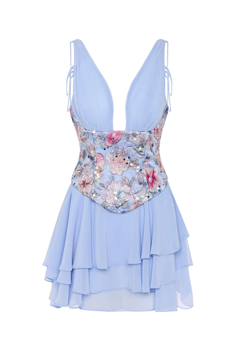 vestido curto estilo corset com saia em camadas em estampa floral azul.