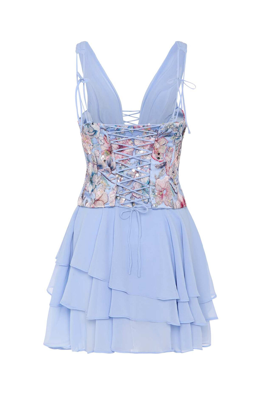 vestido curto estilo corset com saia em camadas em estampa floral azul.