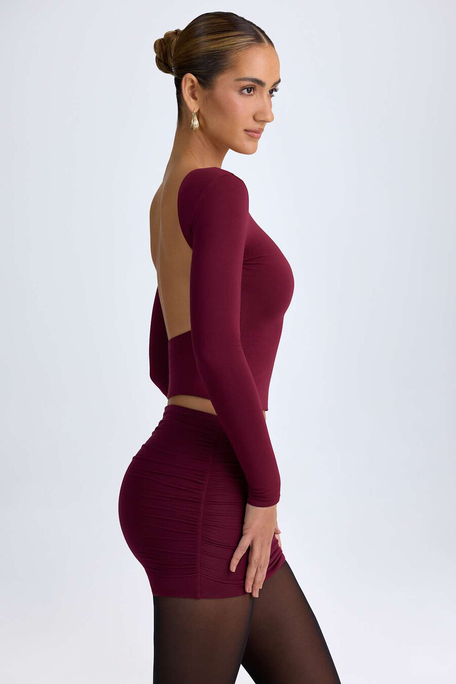 minissaia midi franzida em modal na cor vermelho vinho