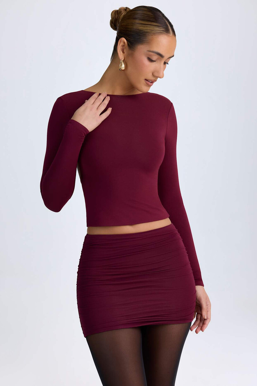 minissaia midi franzida em modal na cor vermelho vinho