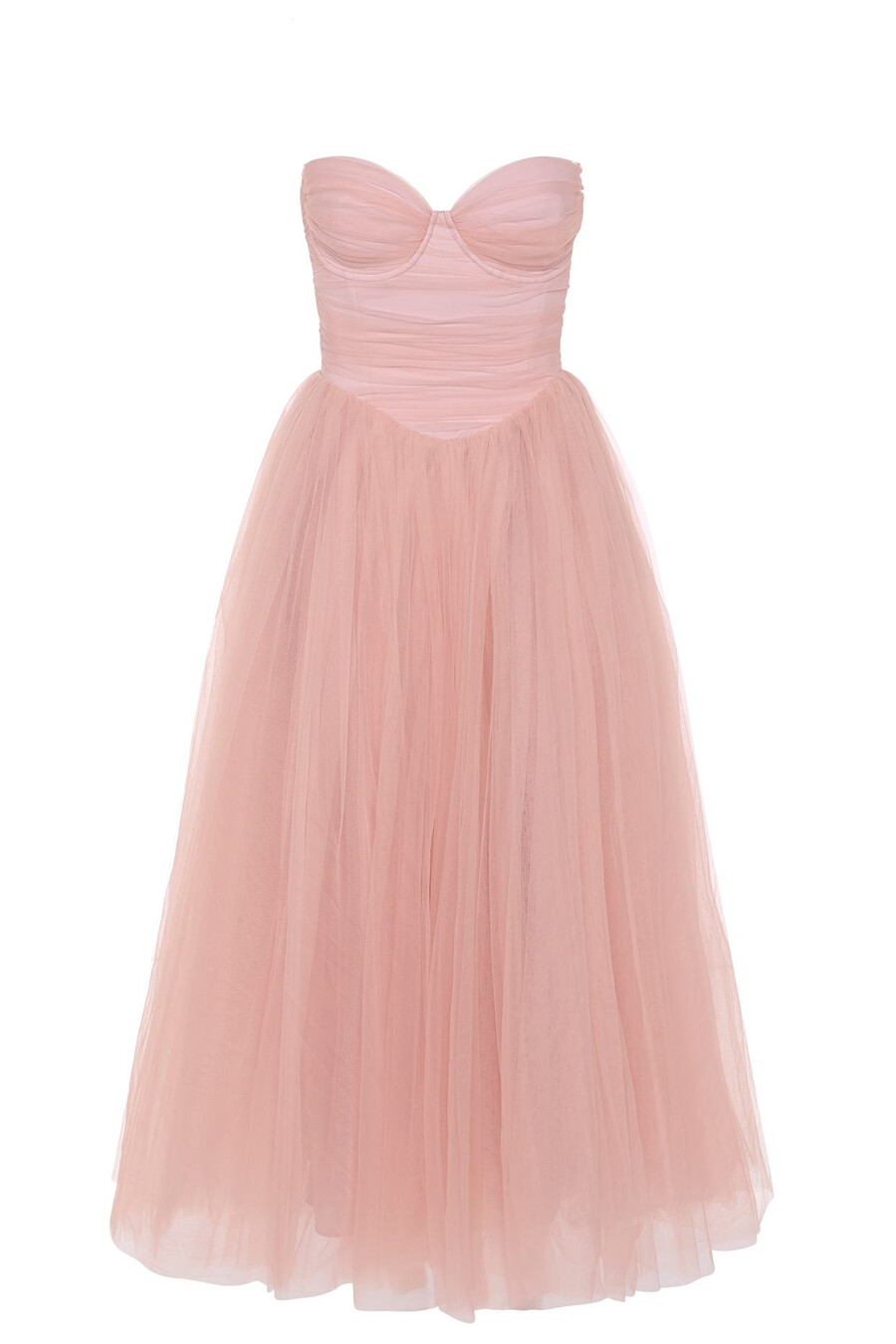 vestido midi com corpete de tule na cor rosa antigo.