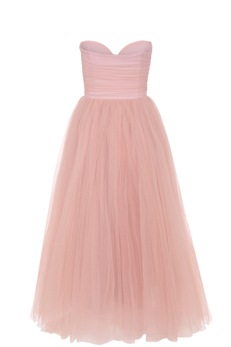 vestido midi com corpete de tule na cor rosa antigo.