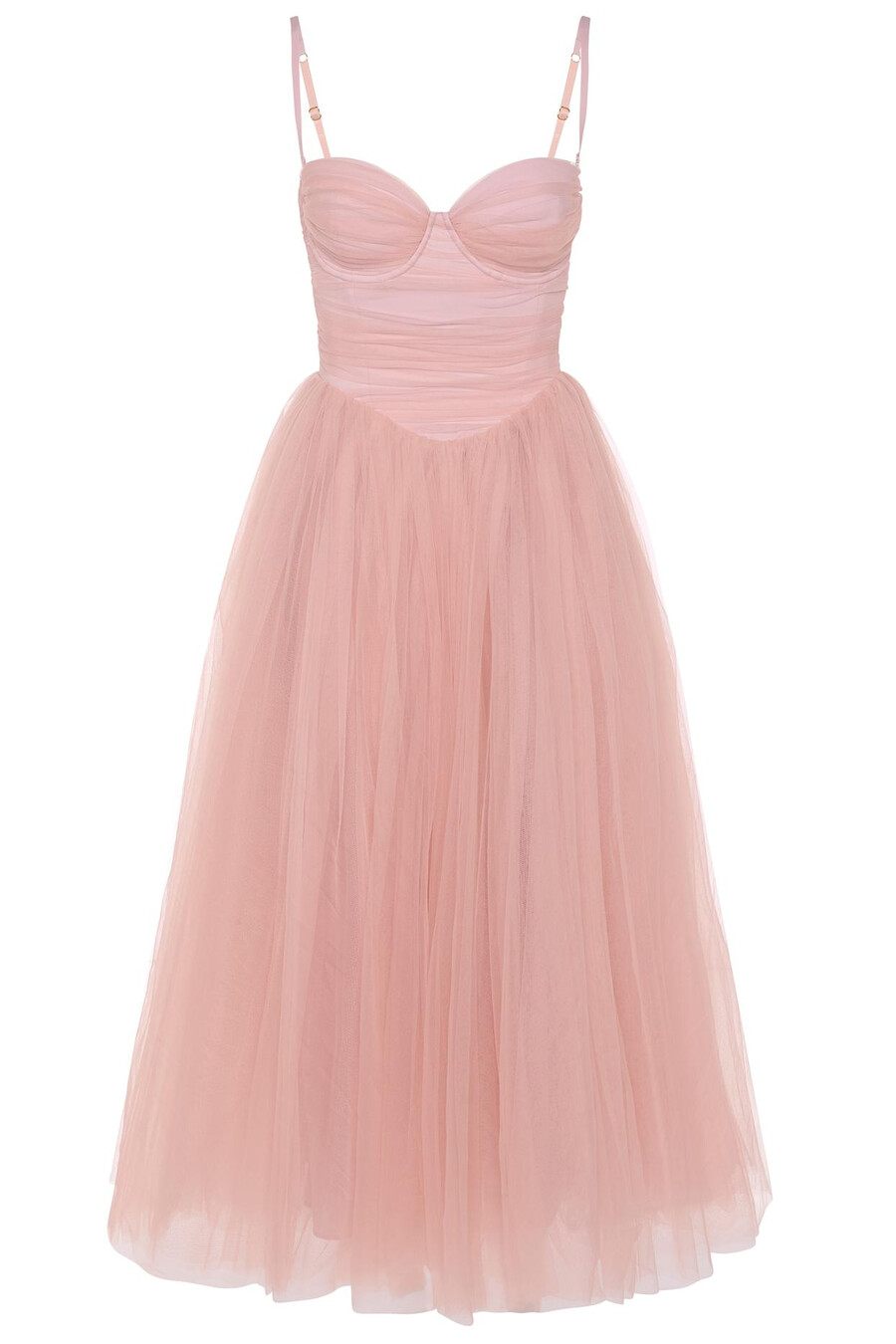 vestido midi com corpete de tule na cor rosa antigo.