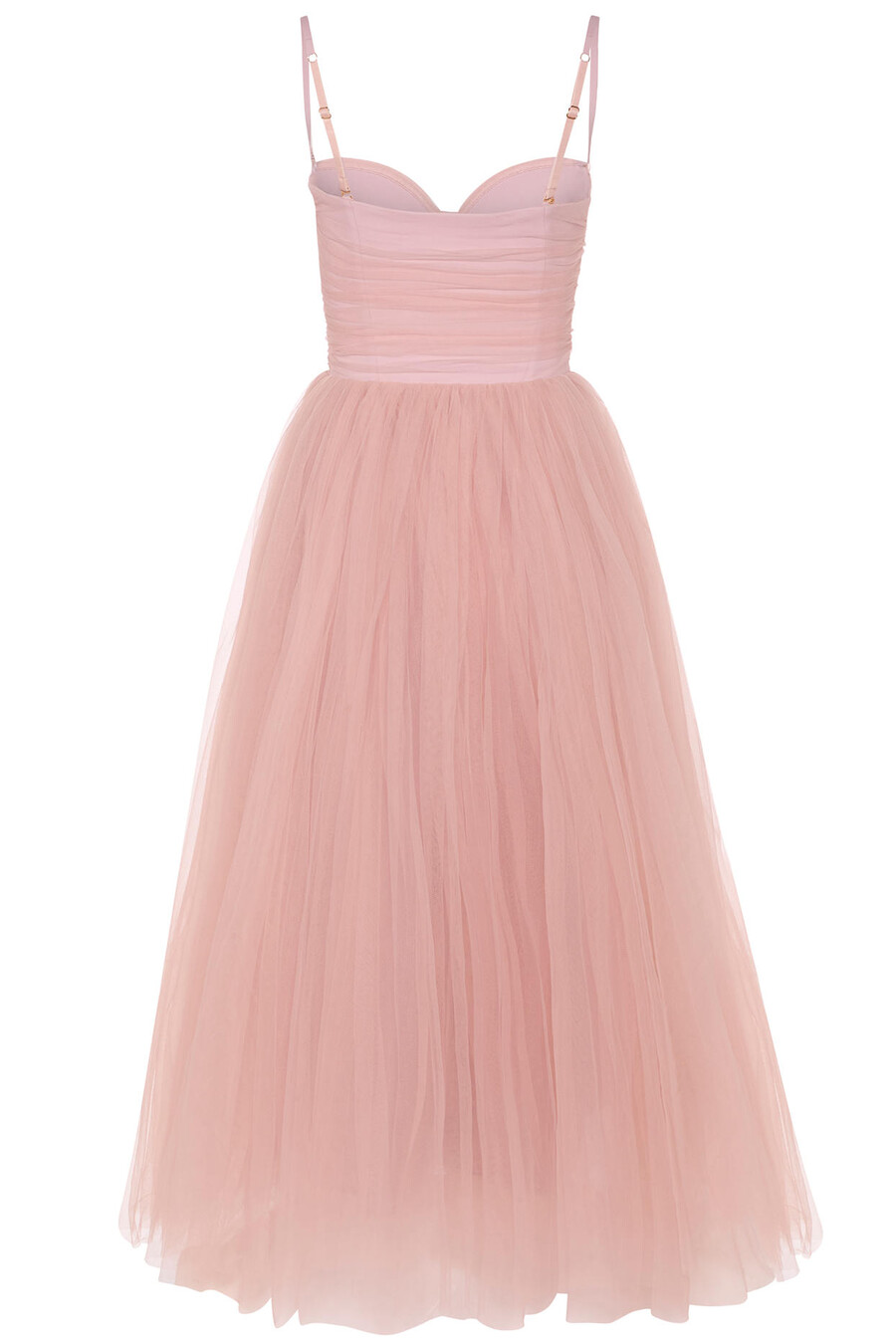 vestido midi com corpete de tule na cor rosa antigo.