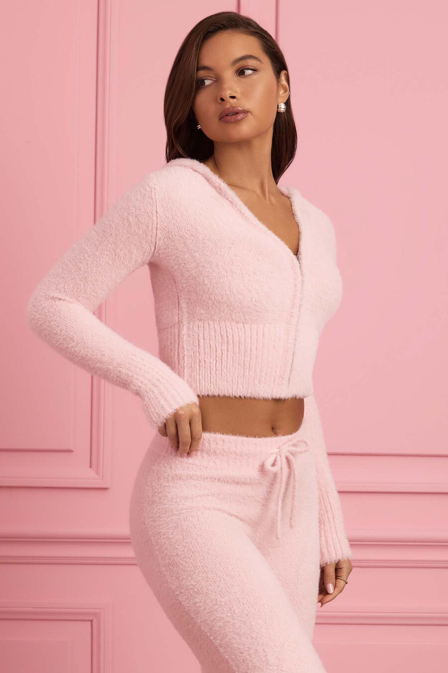 blusa de moletom com zíper e tecido felpudo rosa bebê