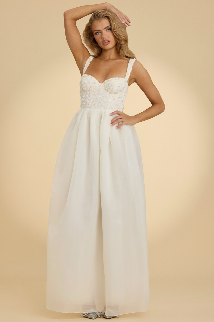 vestido longo de organza com espartilho na cor branca