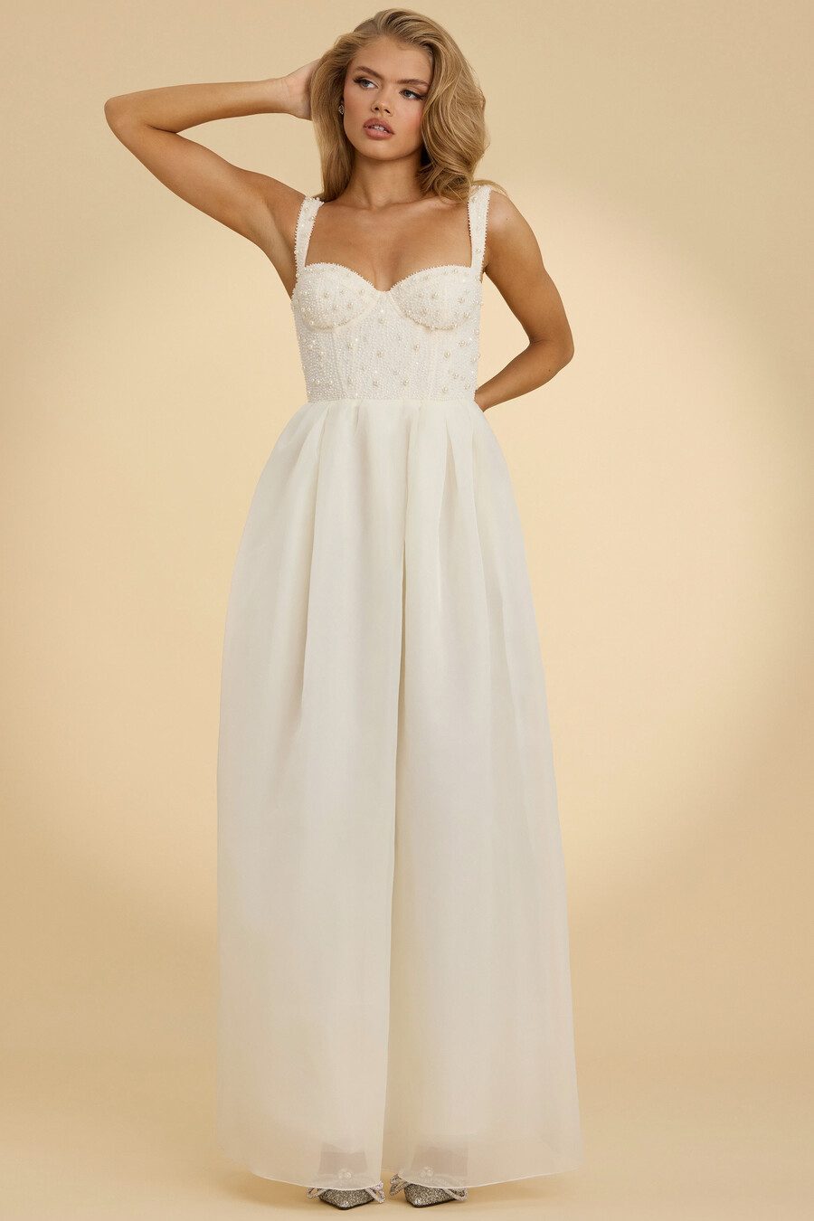 vestido longo de organza com espartilho na cor branca