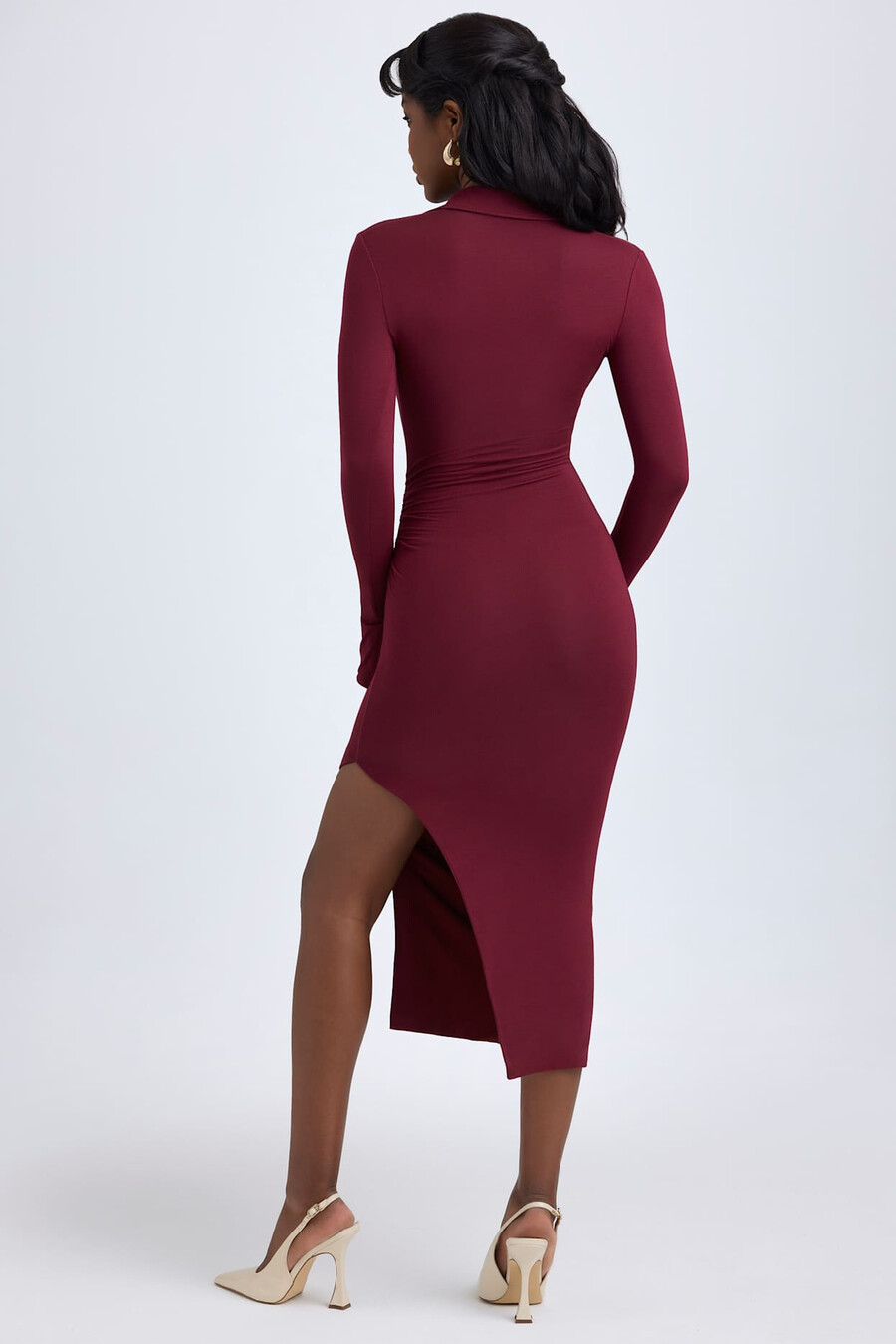 vestido midi com decote em v profundo em modal na cor vermelho vinho