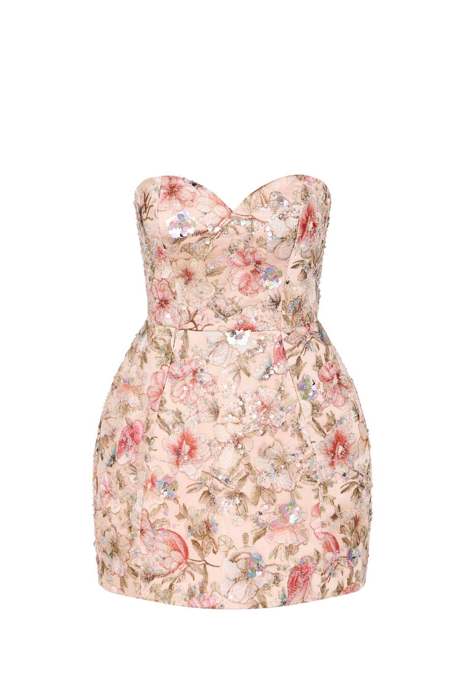 vestido curto evasê sem alças com detalhes florais em bege.