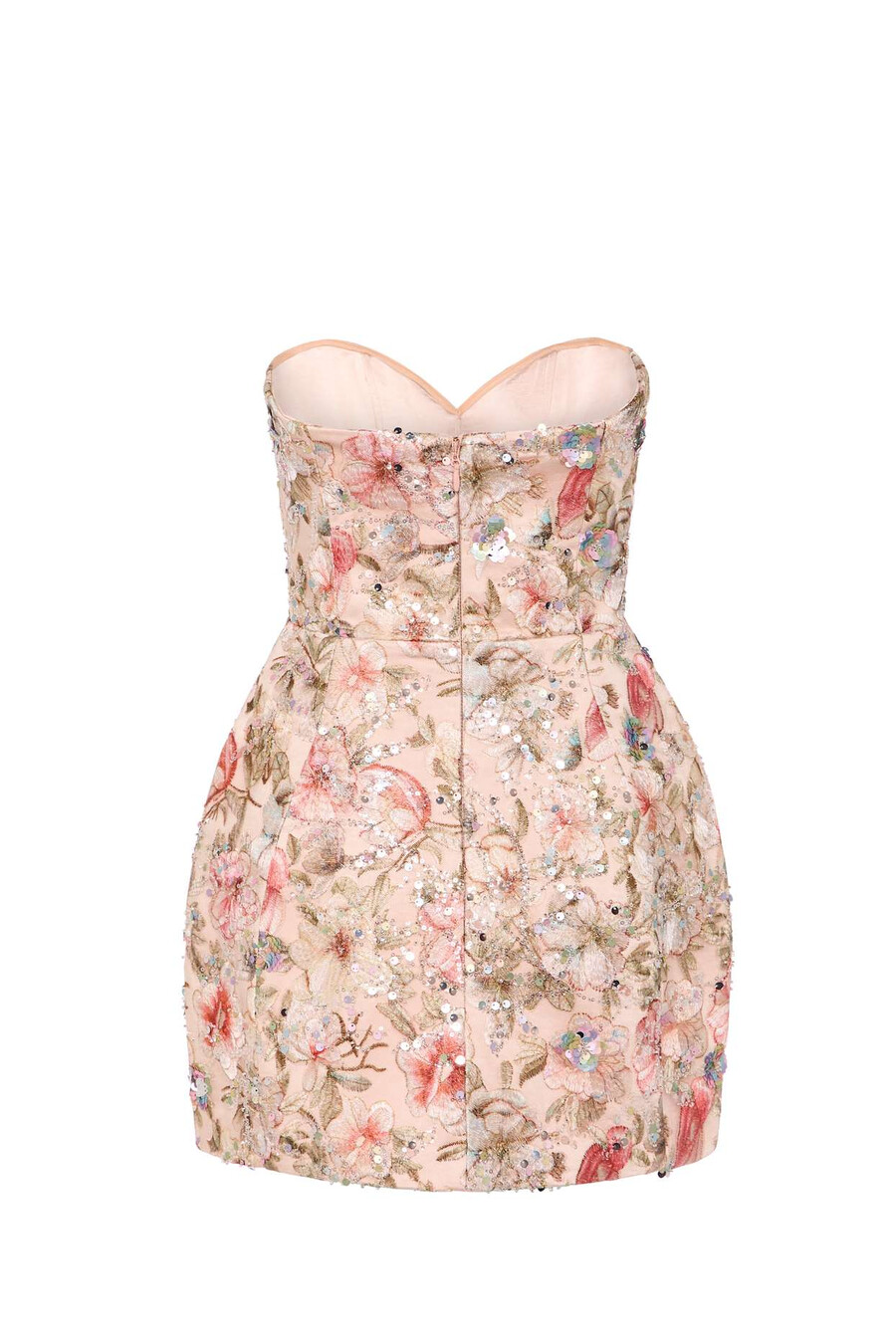 vestido curto evasê sem alças com detalhes florais em bege.
