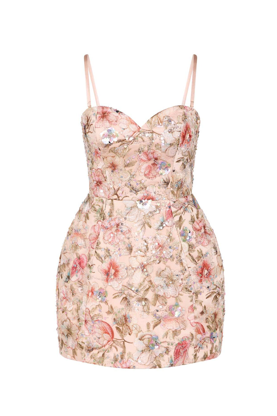vestido curto evasê sem alças com detalhes florais em bege.
