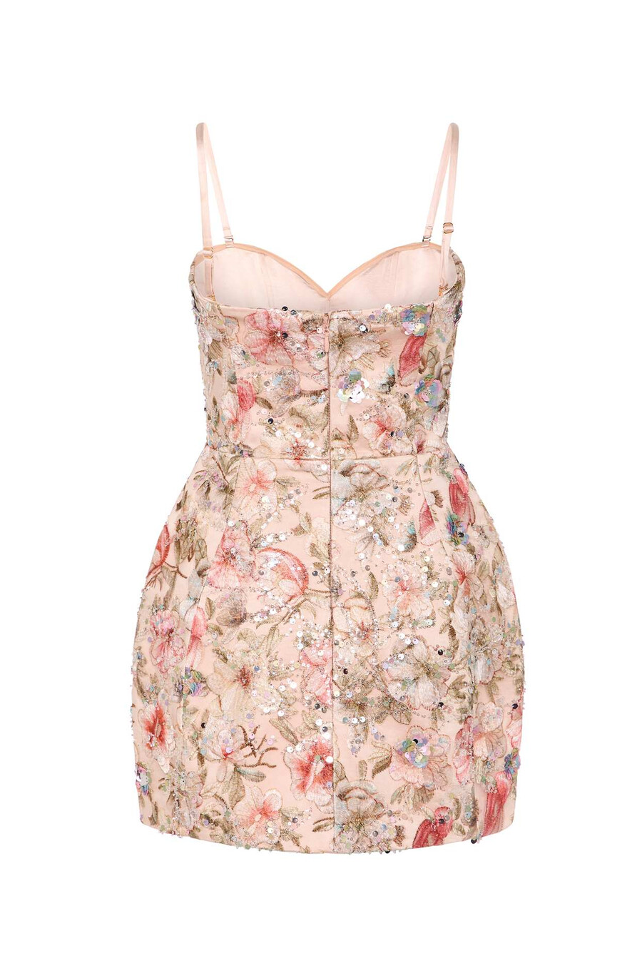 vestido curto evasê sem alças com detalhes florais em bege.