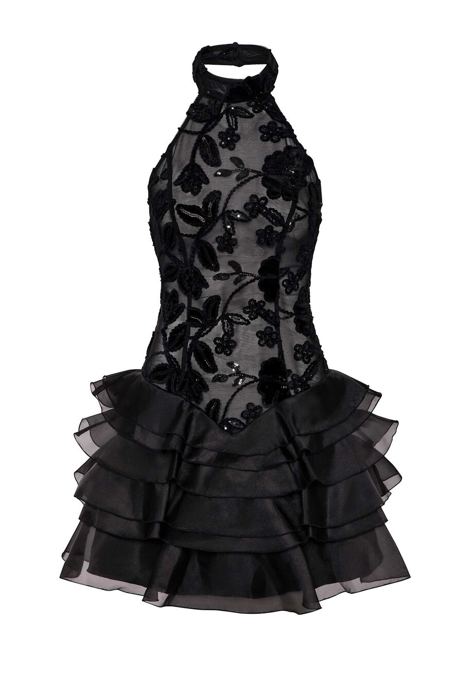 vestido curto preto com decote halter e babados bordados.