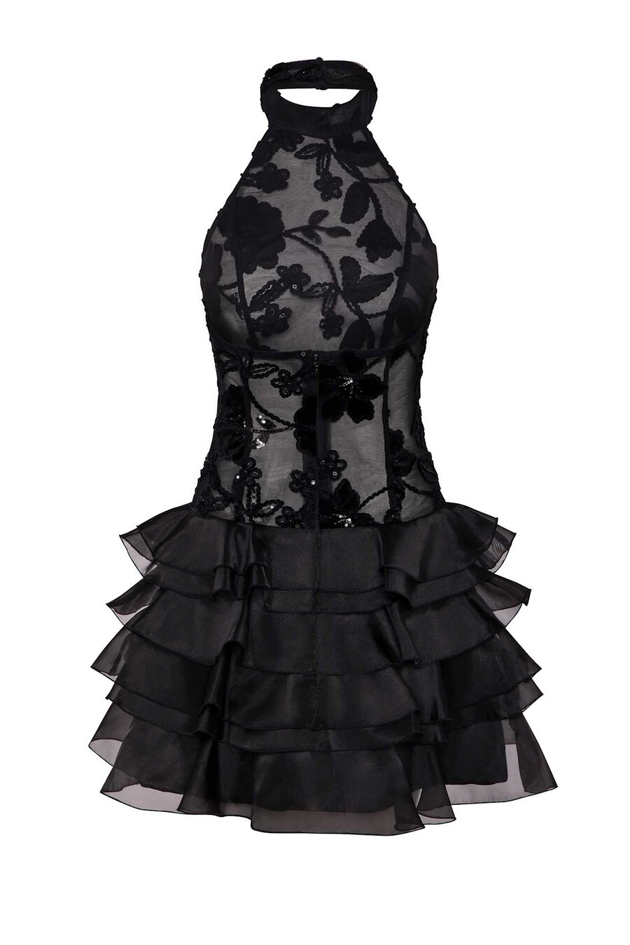 vestido curto preto com decote halter e babados bordados.