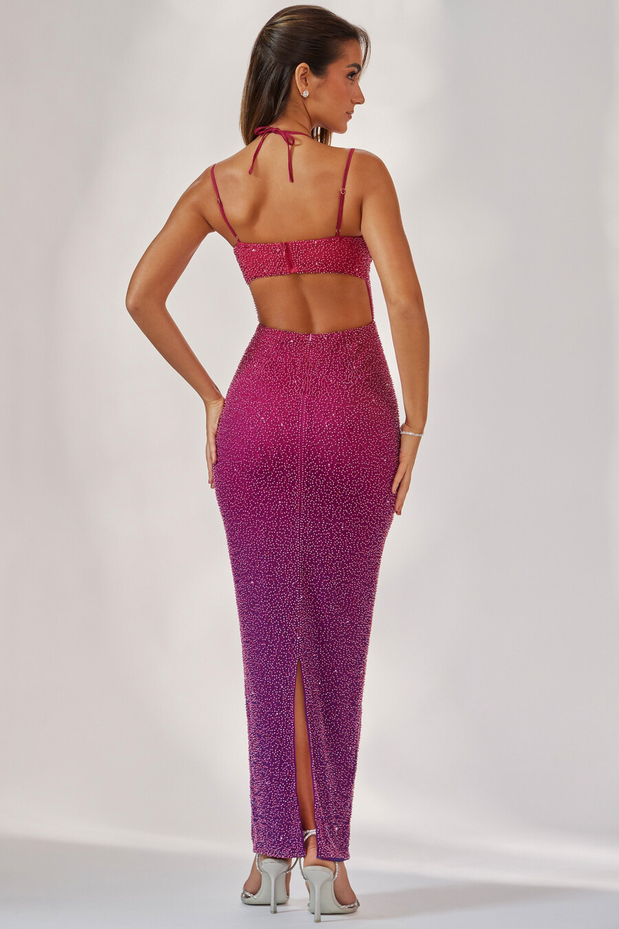 vestido longo bordado em degradê rosaroxo