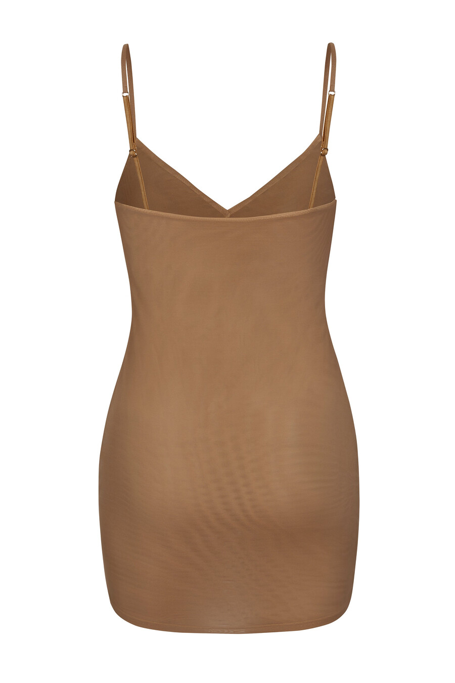 vestido curto de alcinha com decote em v em tule macio na cor amêndoa