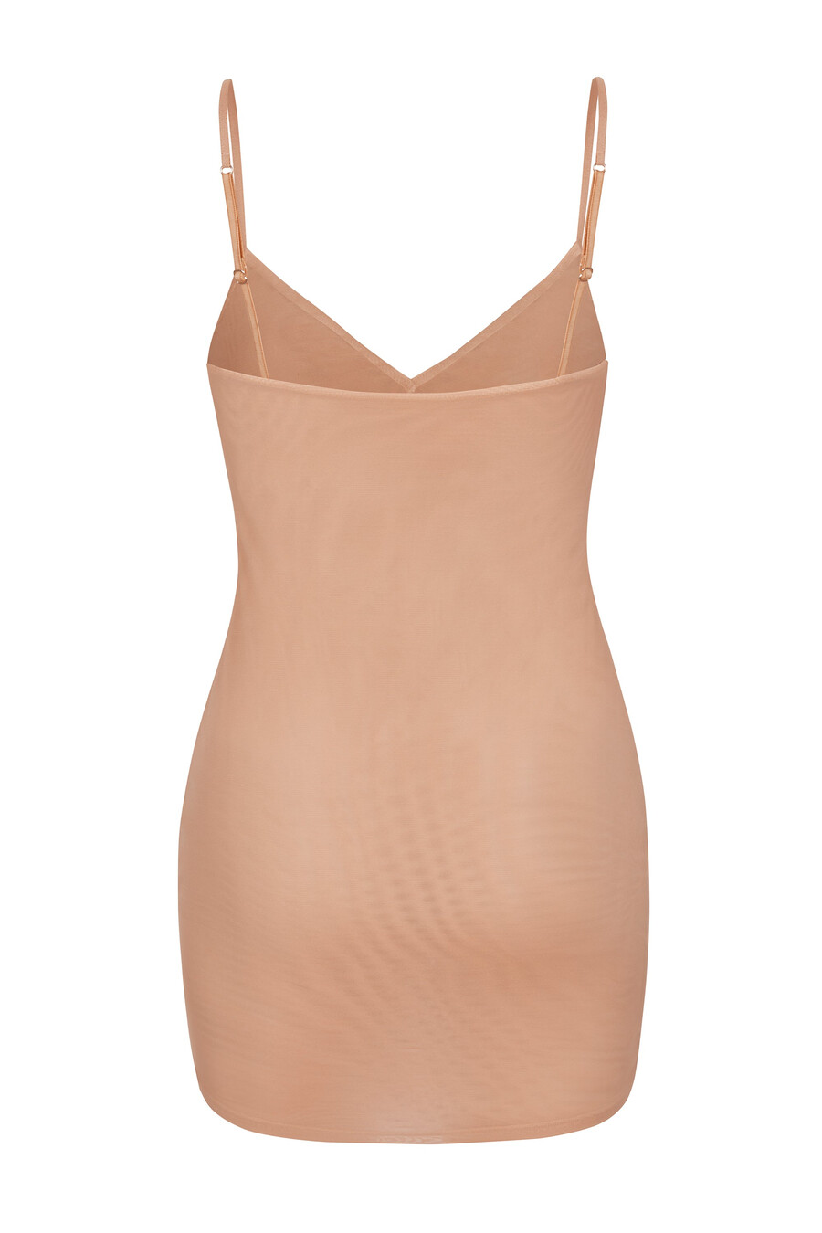 vestido curto de alcinha com decote em v em tule macio na cor pêssego quente.