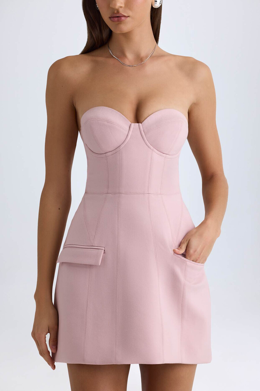 vestido mini tulipa estruturado sem alças em rosa malva