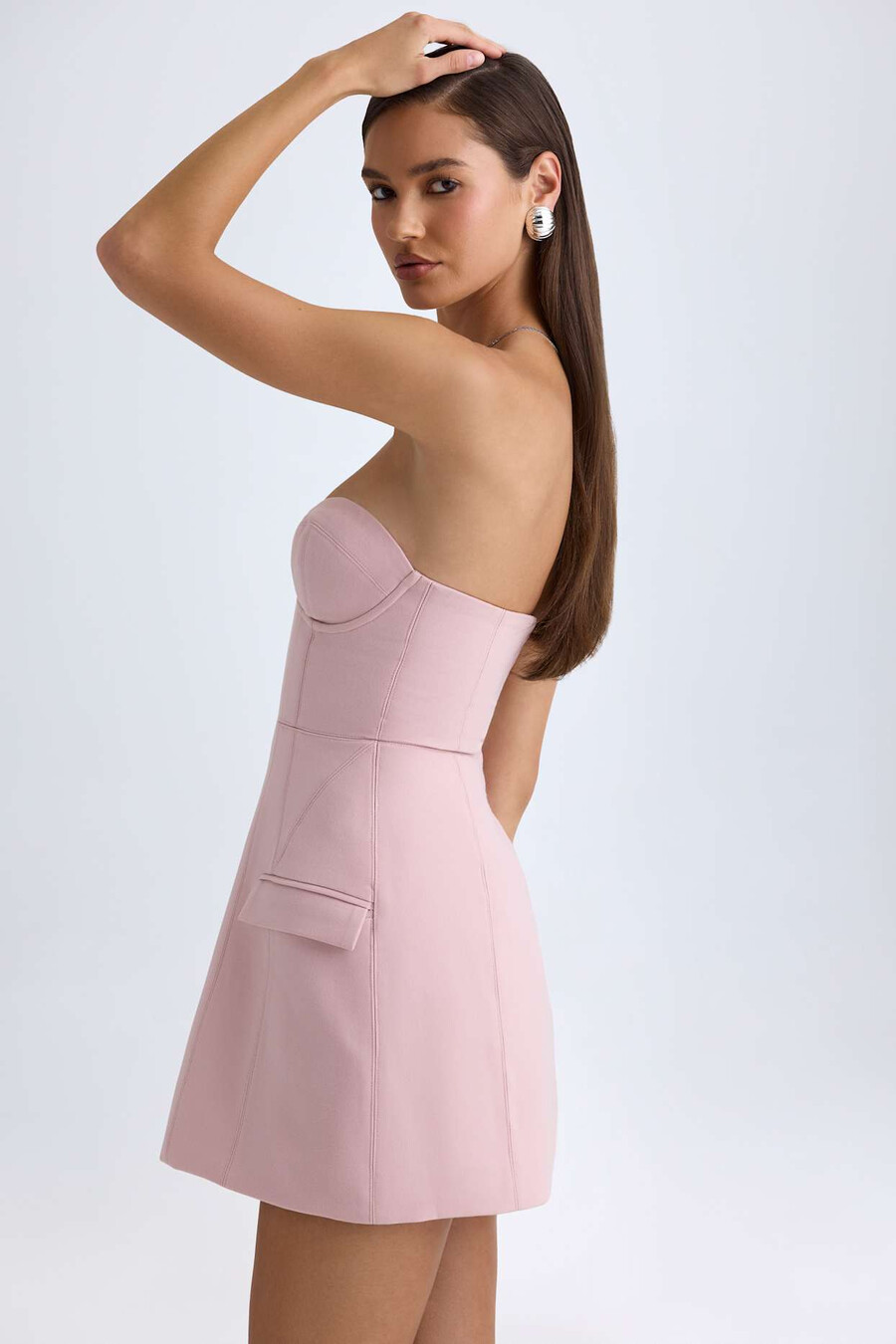 vestido mini tulipa estruturado sem alças em rosa malva