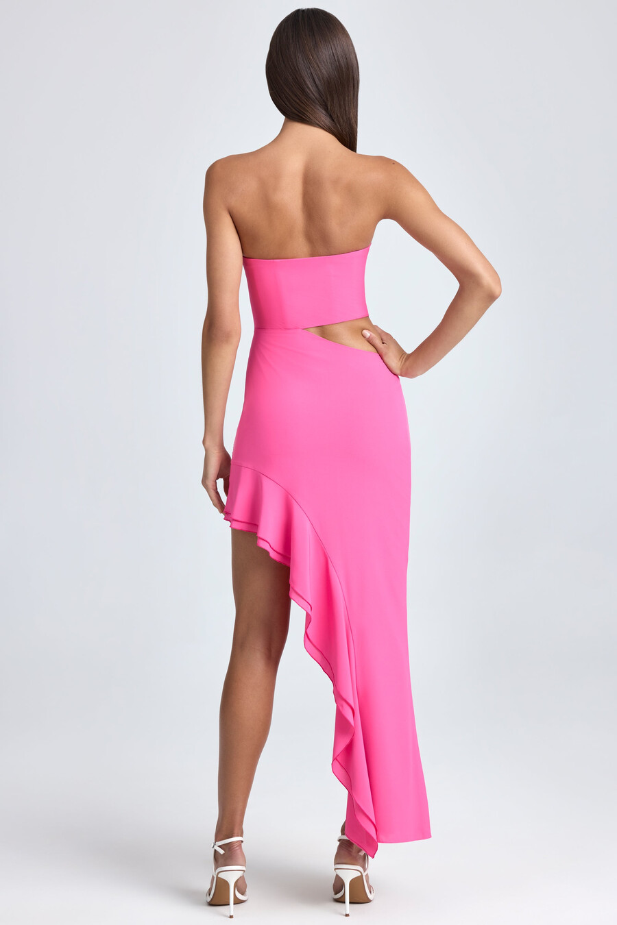 vestido longo tomara que caia com recorte e babados na cor rosa pirulito
