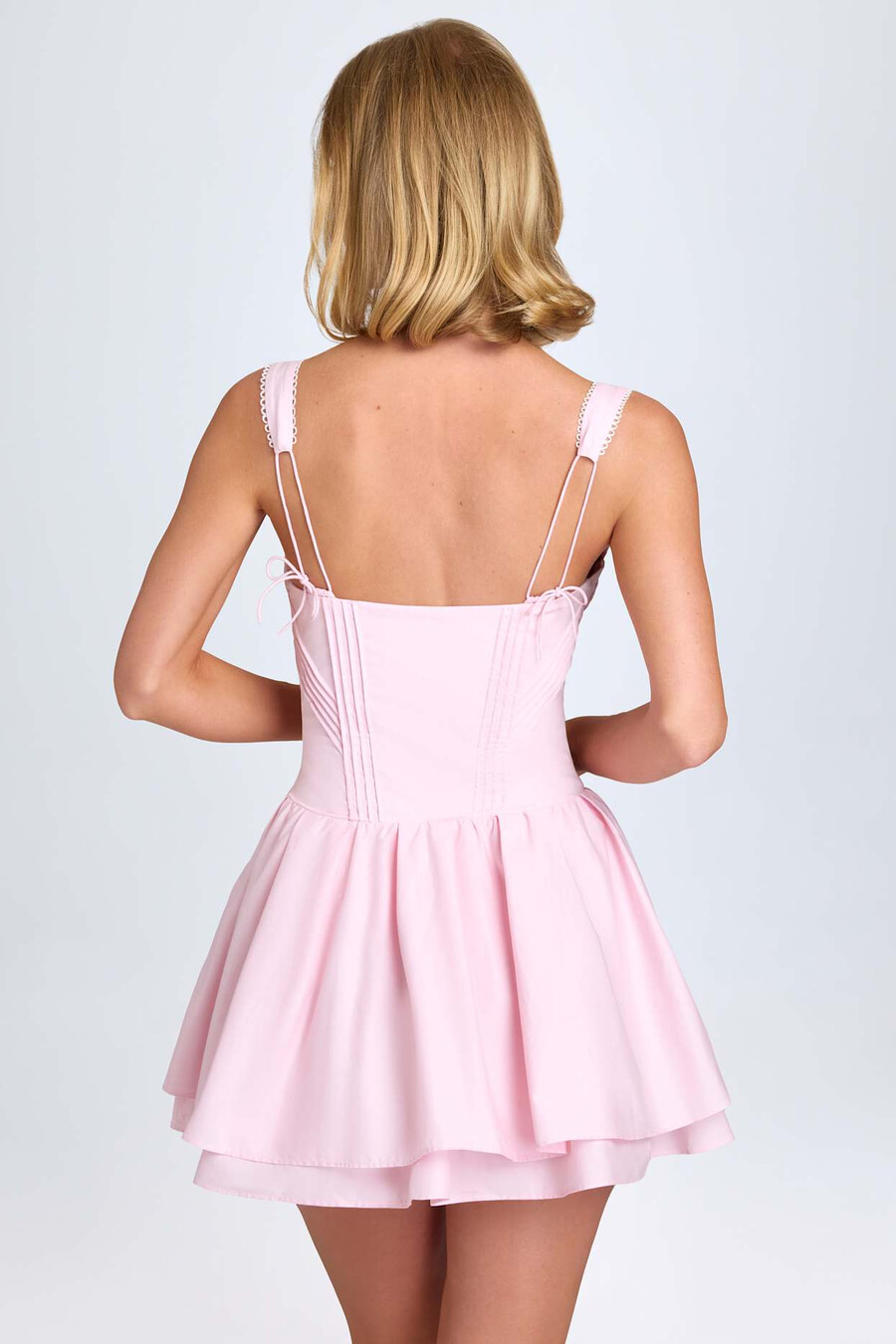 vestido curto corset com pregas e amarração na cor blush