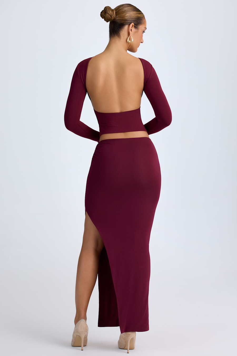 saia maxi de cintura baixa em modal na cor vermelho vinho