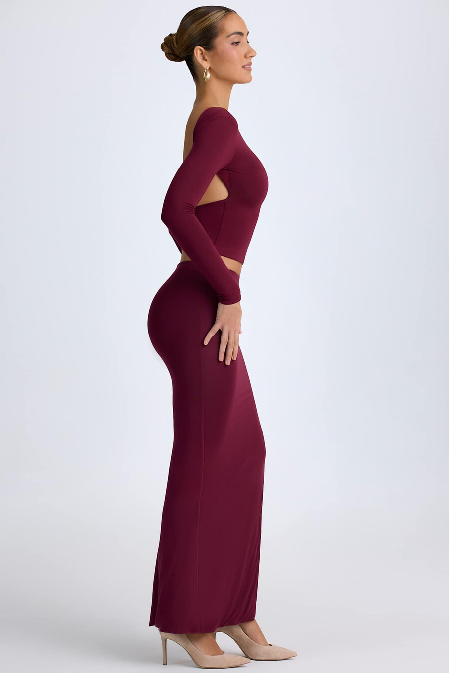 saia maxi de cintura baixa em modal na cor vermelho vinho