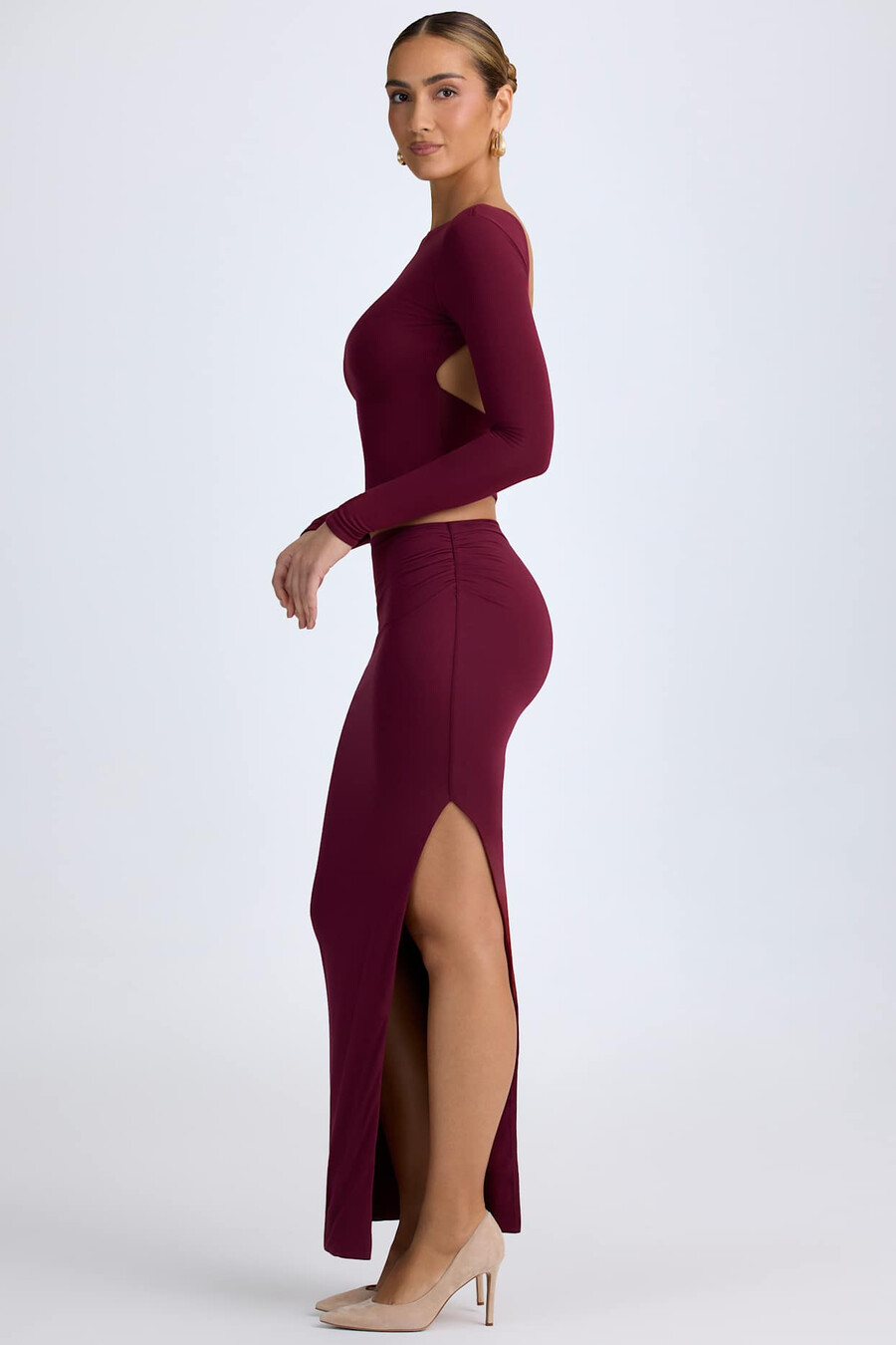saia maxi de cintura baixa em modal na cor vermelho vinho