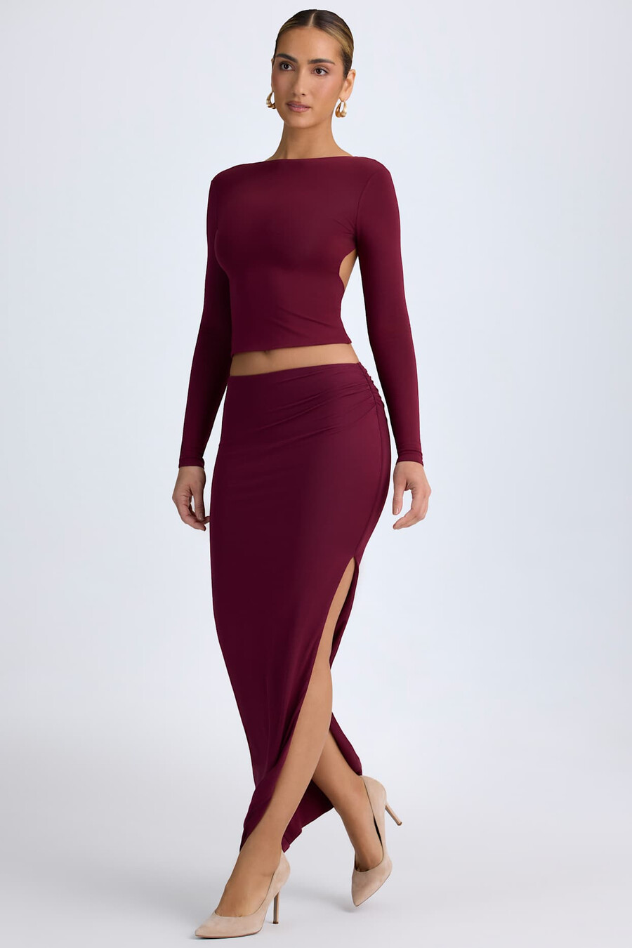 saia maxi de cintura baixa em modal na cor vermelho vinho