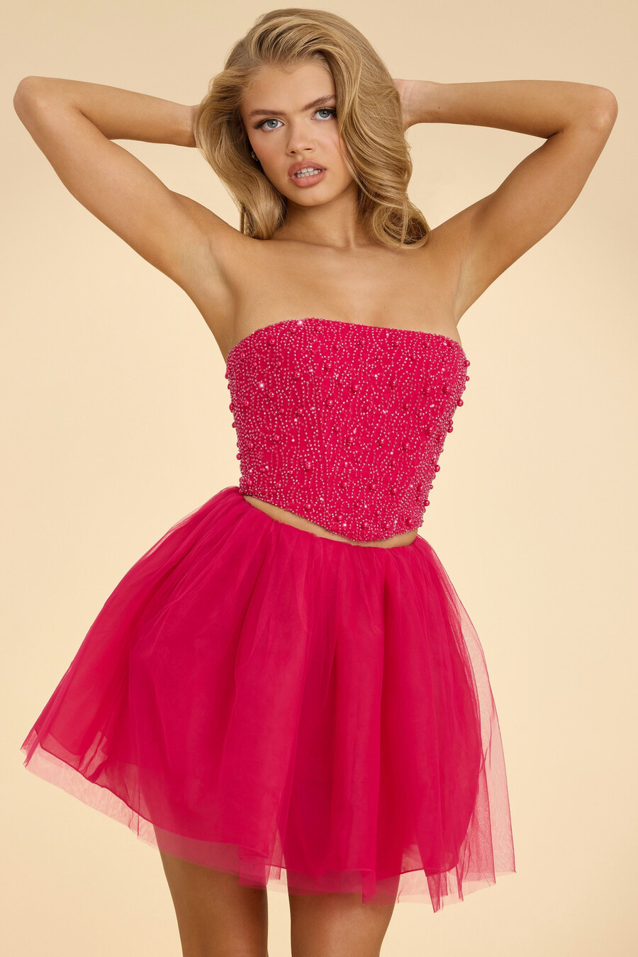 minissaia de tule de cintura alta rosa choque