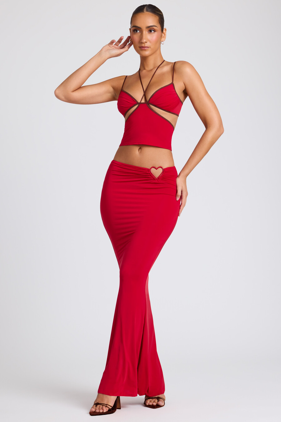 saia maxi de cintura média em vermelho fogo