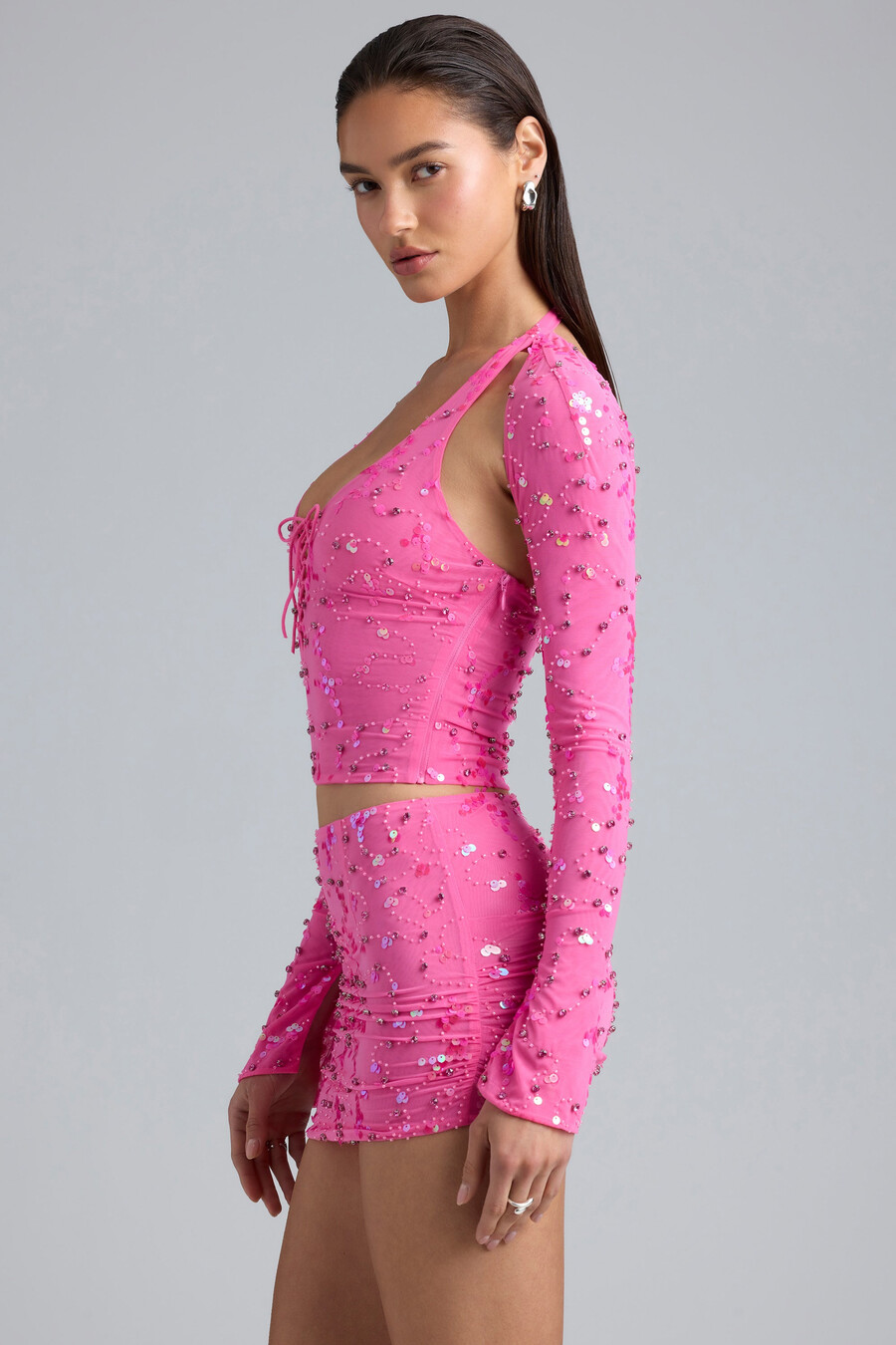 minissaia micro franzida de cintura média na cor rosa chiclete