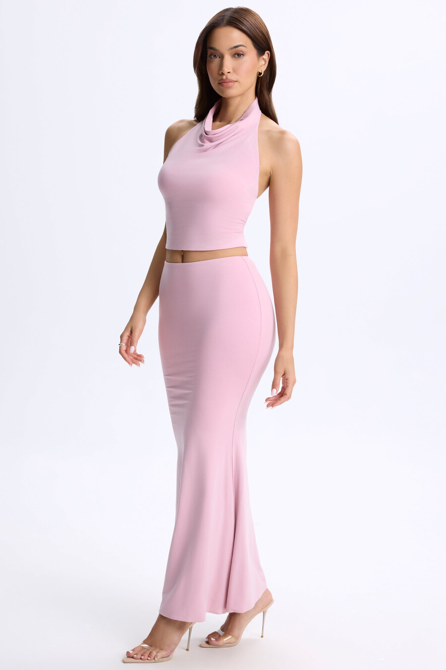 saia maxi de cintura baixa em rosa blush