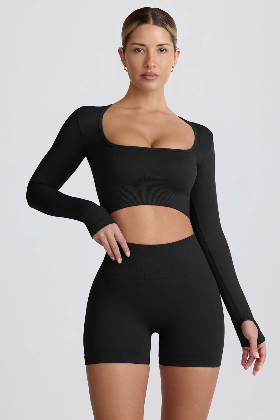 top cropped de manga comprida super sculpt seamless na cor preta