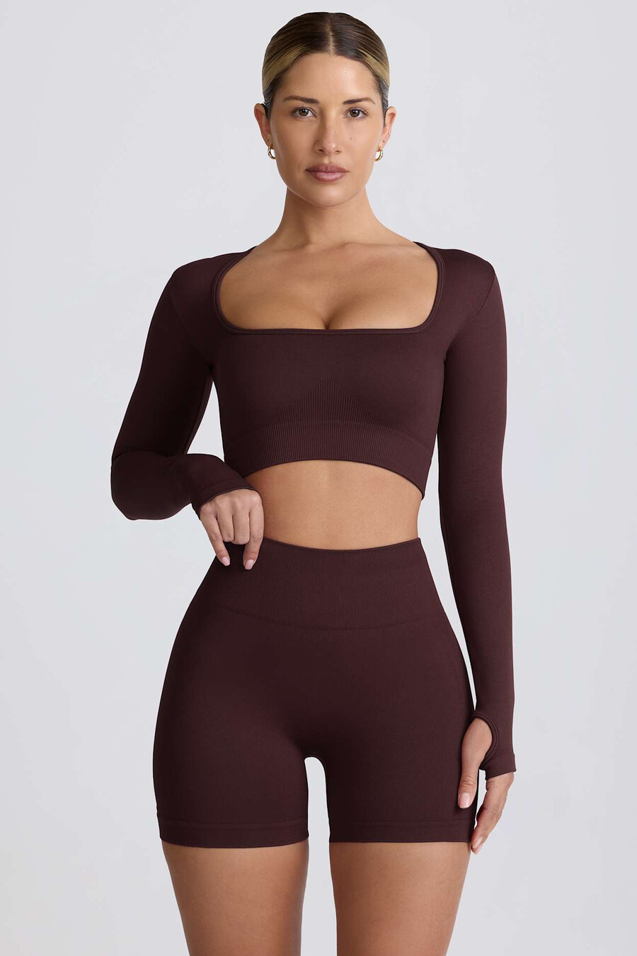 top cropped de manga comprida super sculpt seamless na cor chocolate