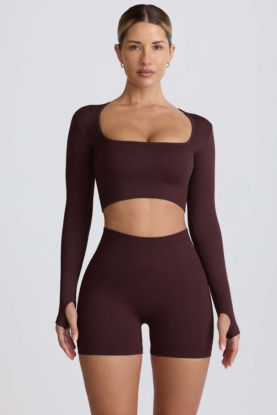top cropped de manga comprida super sculpt seamless na cor chocolate