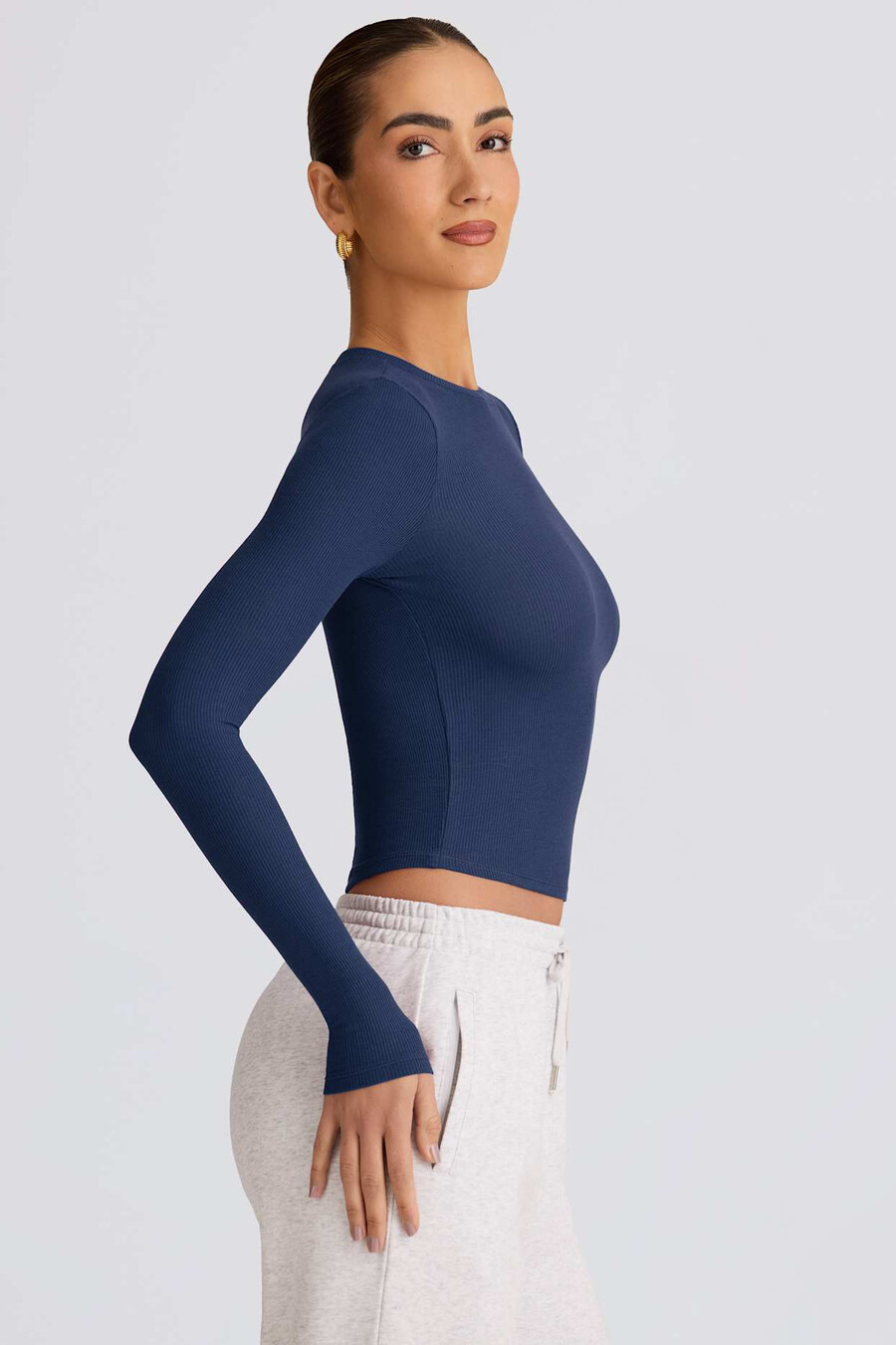 blusa de manga comprida canelada em modal azul-marinho escuro
