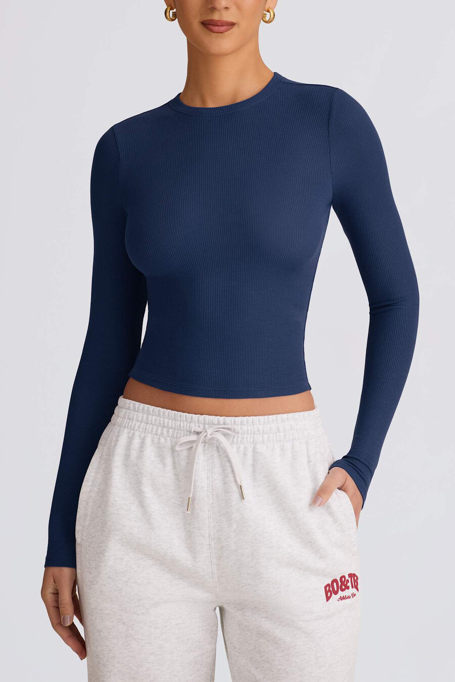 blusa de manga comprida canelada em modal azul-marinho escuro