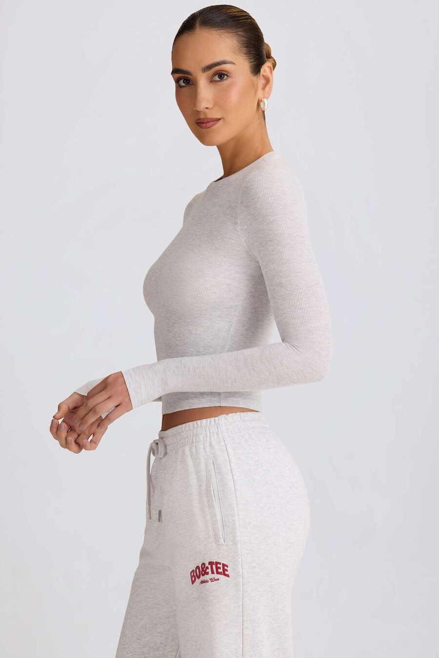 blusa de manga comprida canelada em modal cinza mesclado