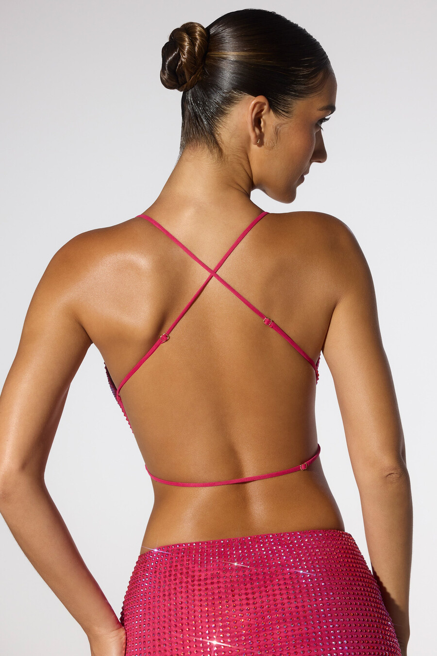top cropped com decote drapeado e costas abertas em rosa pink