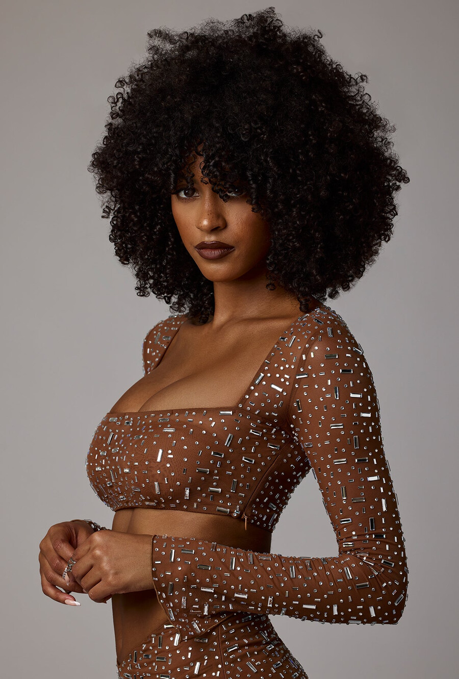 top cropped de manga comprida transparente com detalhes bordados na cor mocha.
