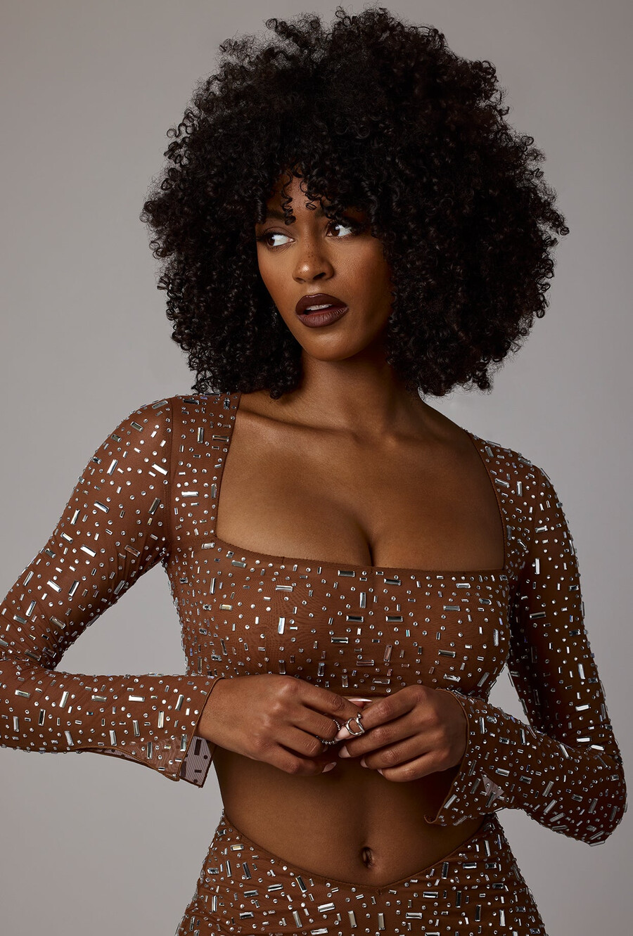 top cropped de manga comprida transparente com detalhes bordados na cor mocha.