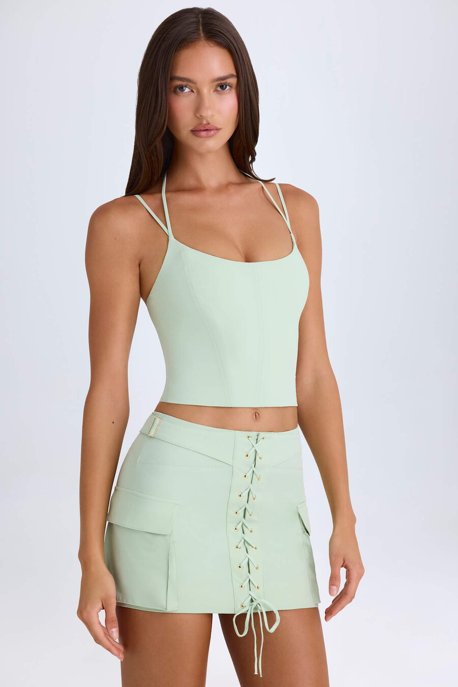top corset com decote halter na cor verde